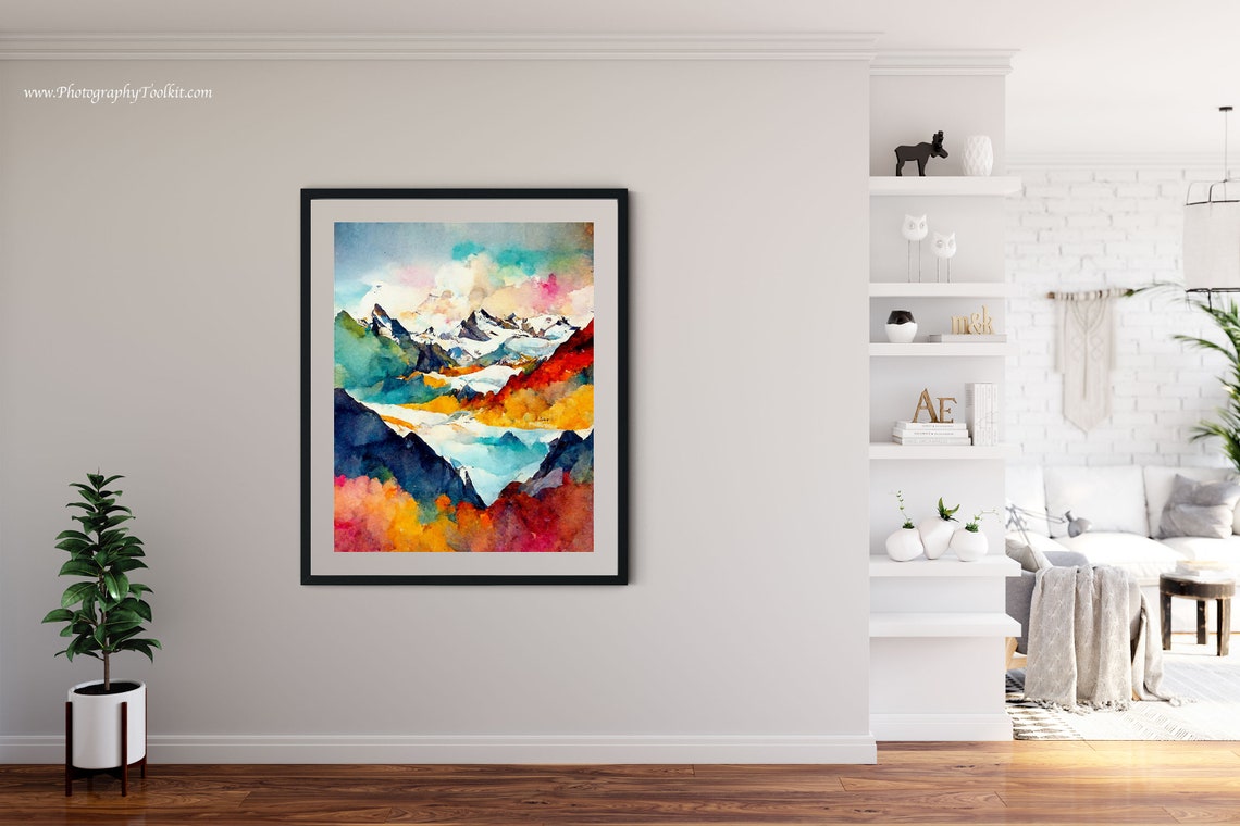 Snowy Mountain Peaks Autumn Colors Vibrant Watercolor Nature Poster - Image 4