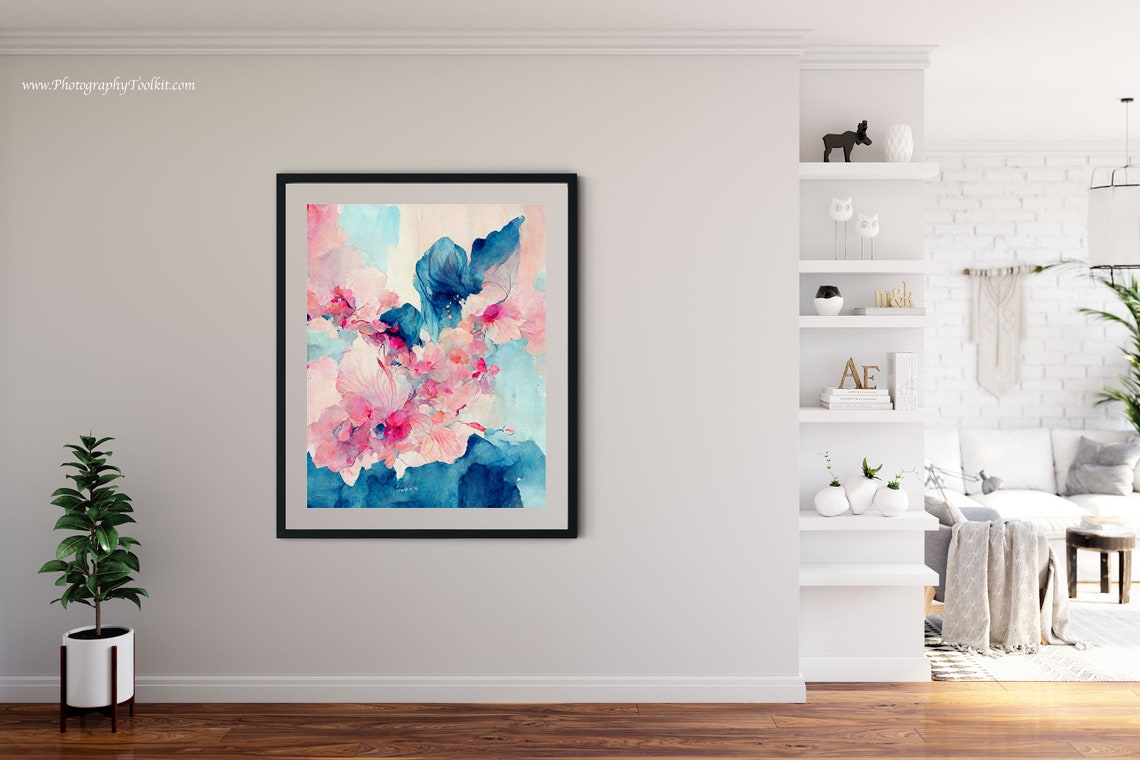Abstract Floral Watercolor Pink Blossom Blue Botanical Art Poster - Image 4