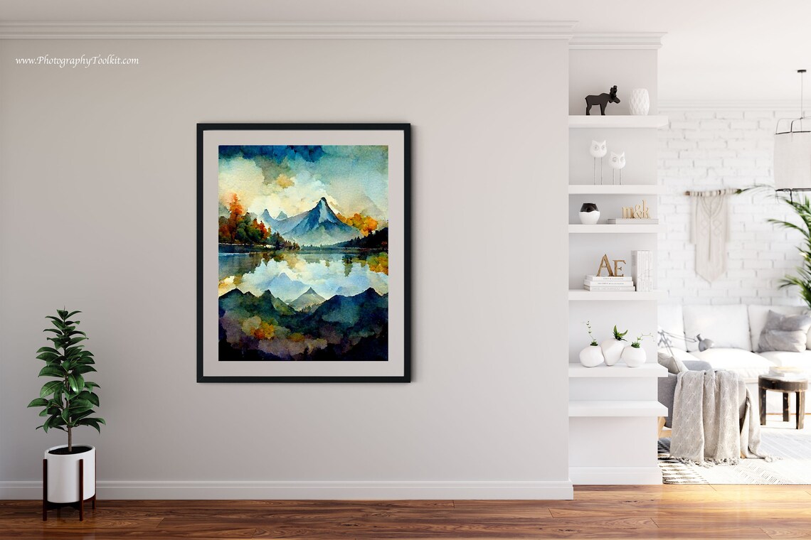 Mountain Peaks Mirrored in a Still Lake Watercolor Landscape Poster - Image 4
