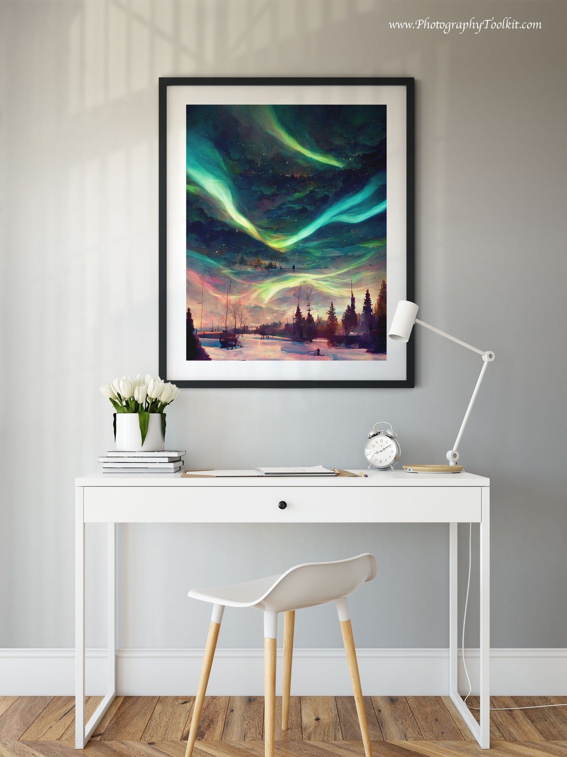 Aurora Borealis Snowy Forest Night Sky Watercolor Scenic Poster - Image 2
