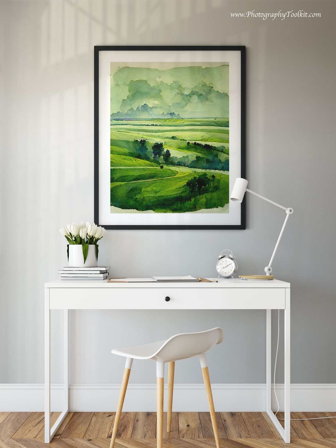 Green Rolling Plains Watercolor Pasture Landscape Meadow Poster - Image 2
