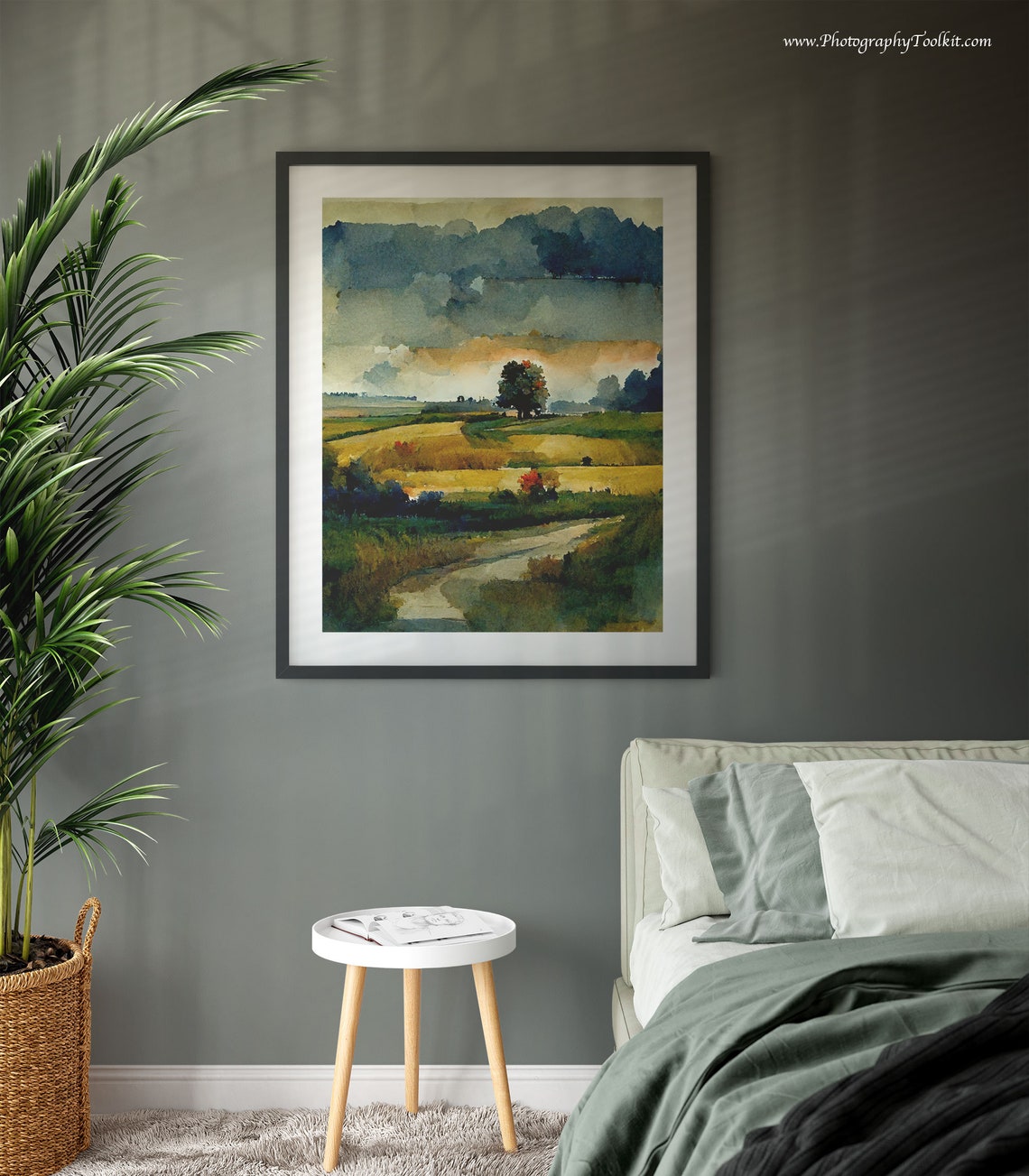 Lone Tree Winding Path Golden Field Stormy Sky Nature Art Poster - Image 3