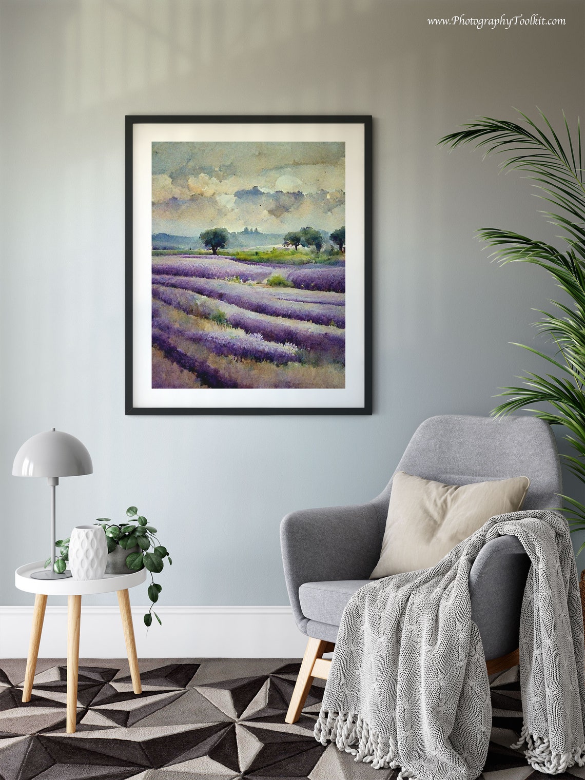 Lavender Field Rows Beneath a Cloudy Moonlit Sky Watercolor Poster - Image 6