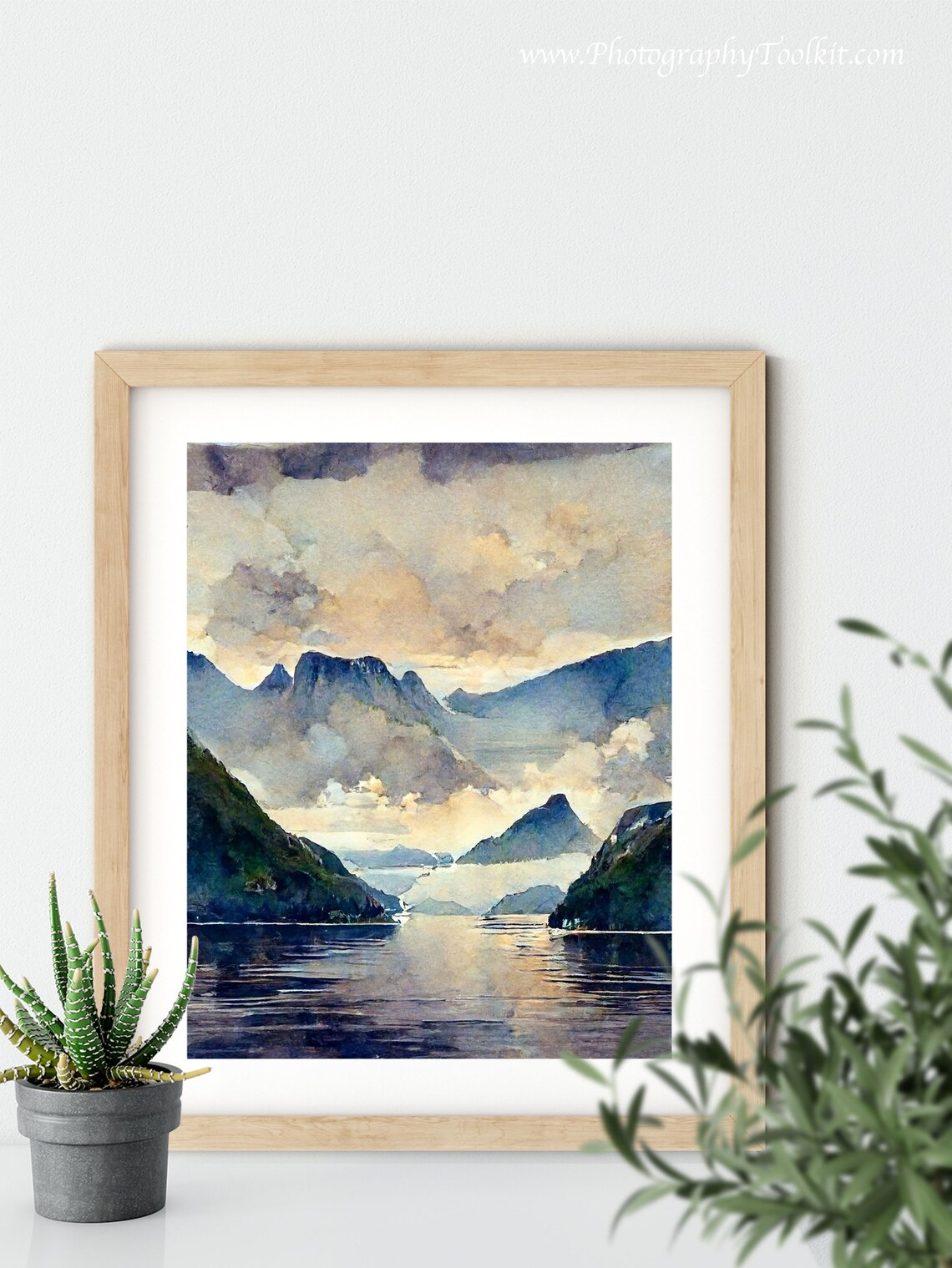 Norwegian Fjord Misty Peaks Still Water Watercolor Travel Poster - Image 5