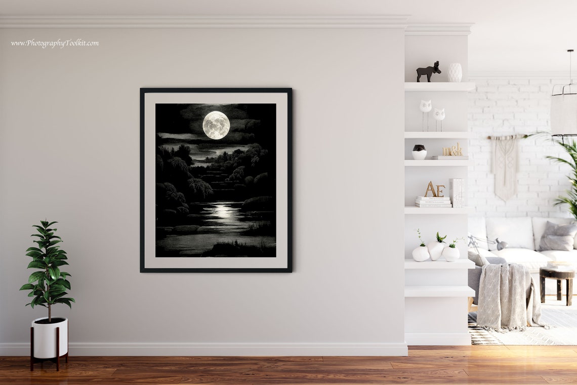 Full Moon Night River Reflection Black and White Moody Landscape Print - Image 4