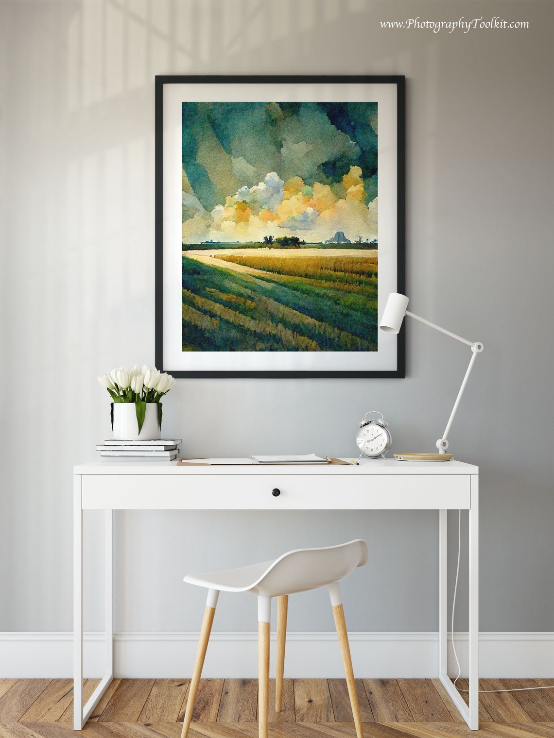 Golden Field Dramatic Golden Clouds Watercolor Landscape Poster - Image 2
