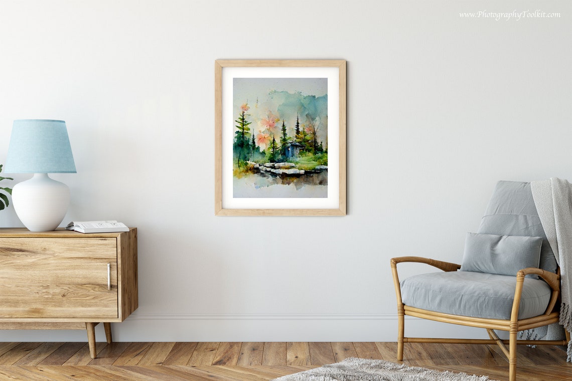 Misty Pine Forest Lake With Cabin Watercolor Landscape Poster - Image 5