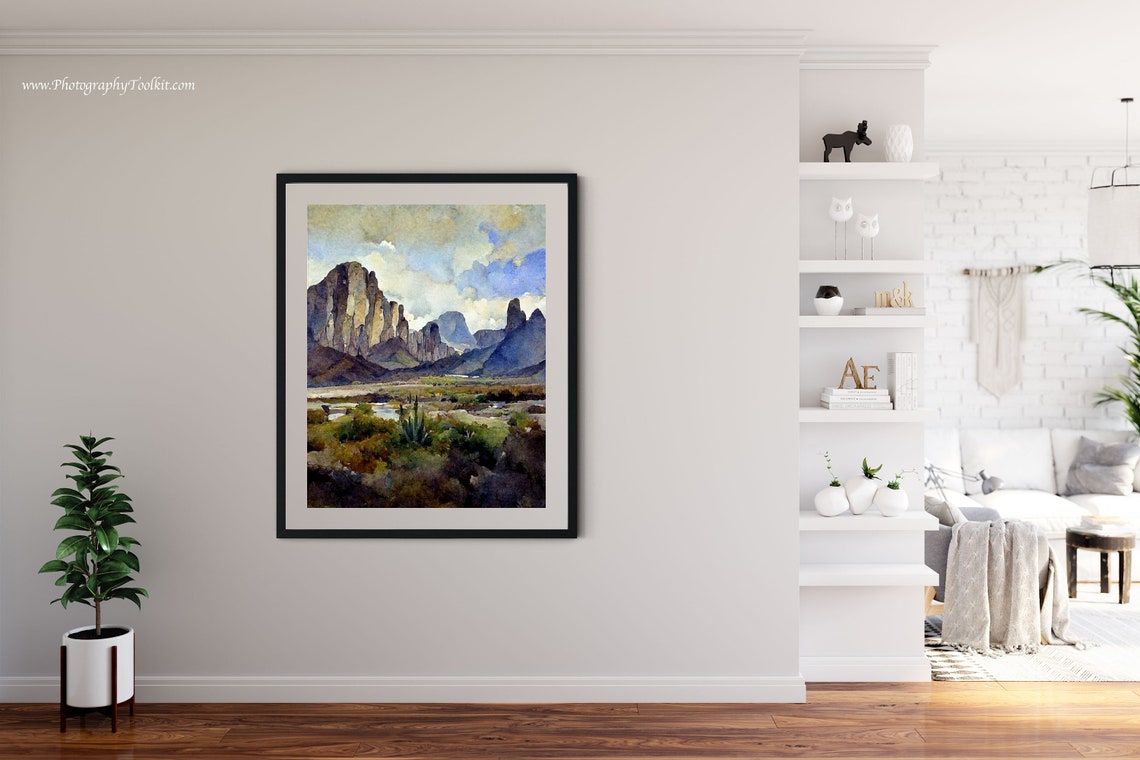 Desert Cliffs Watercolor Rocky Mountain Peaks Under Blue Sky Poster - Image 2