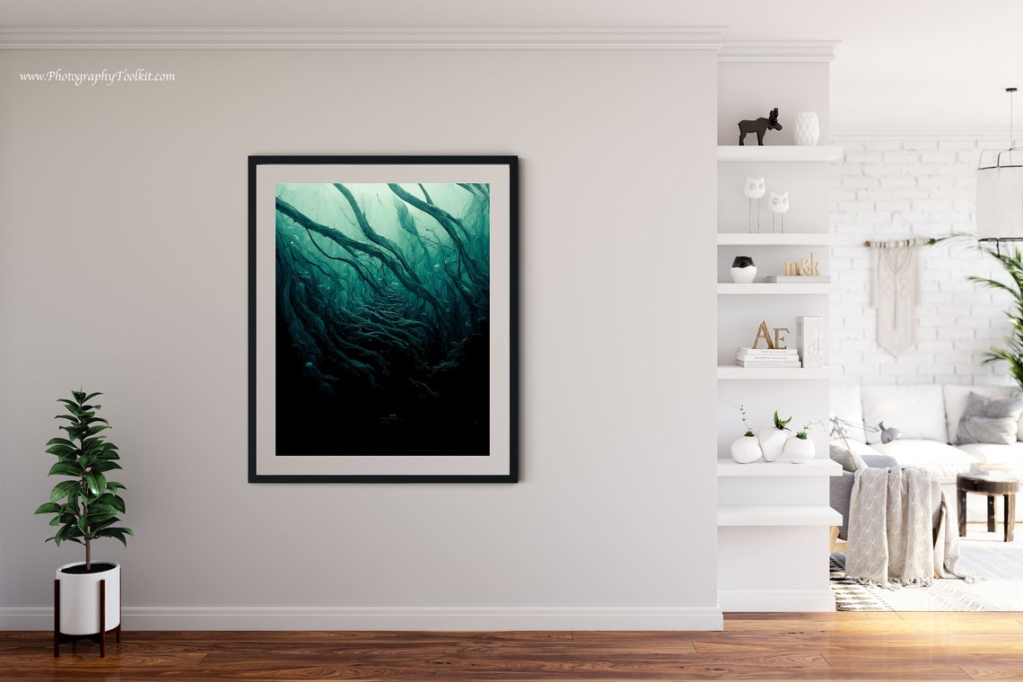 Dark Underwater Kelp Forest Moody Teal Abstract Ocean Art Poster - Image 4