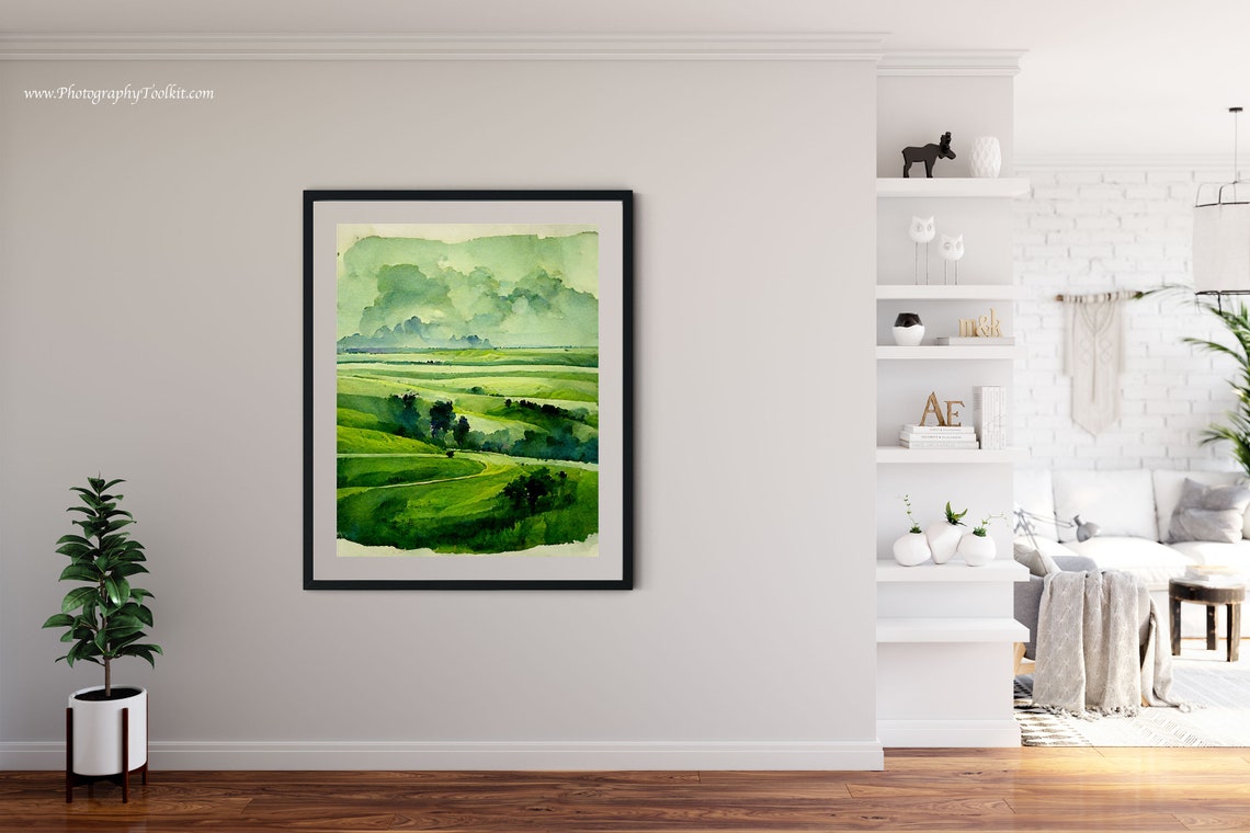 Green Rolling Plains Watercolor Pasture Landscape Meadow Poster - Image 4