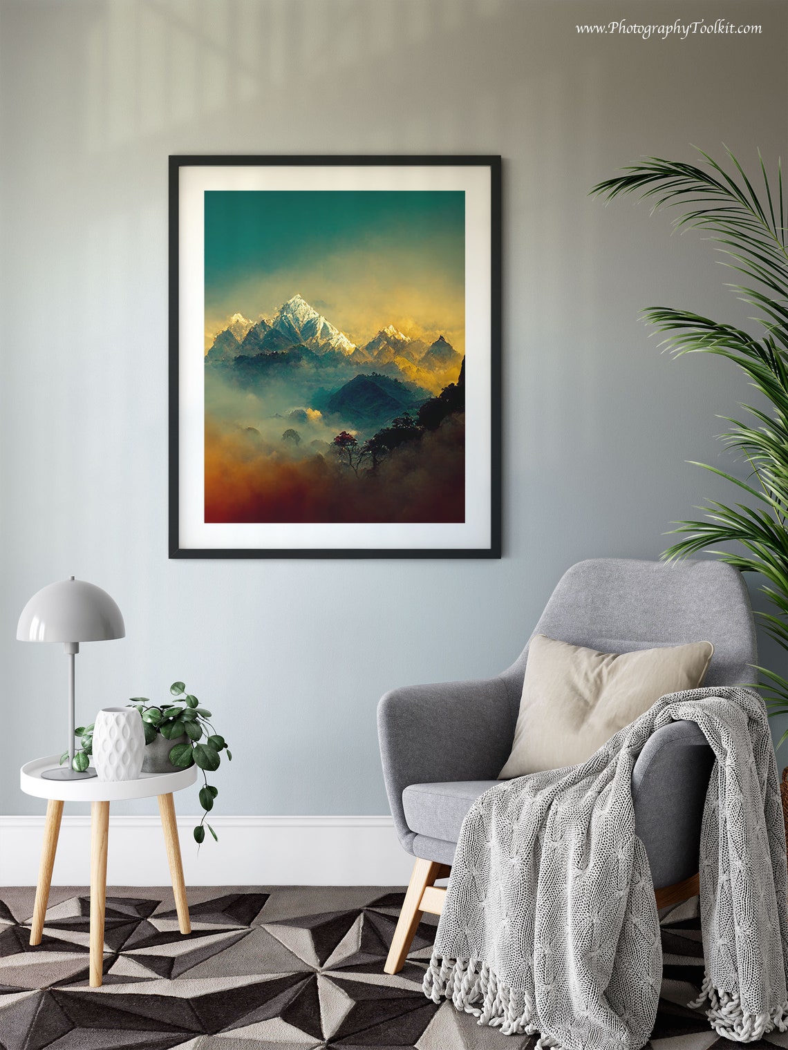 Himalaya Peaks Golden Sunset Mist Lone Tree Mountain Landscape Print - Image 6