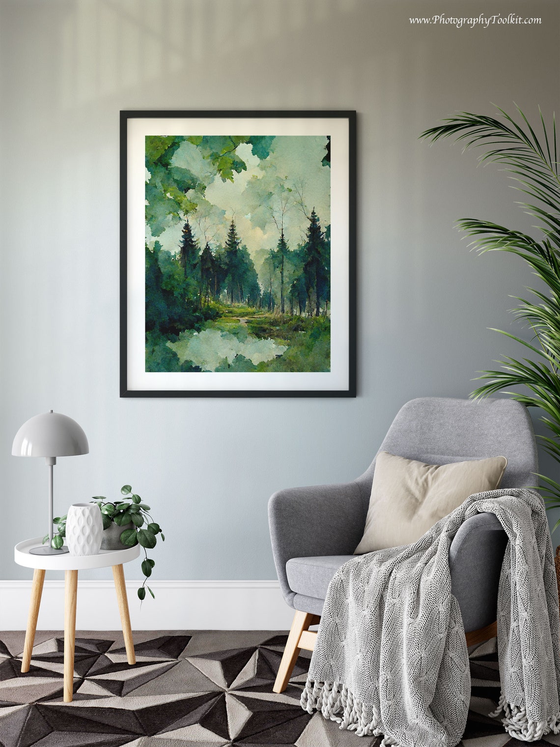 Misty Pine Forest Pond Reflective Calm Serene Watercolor Poster - Image 6