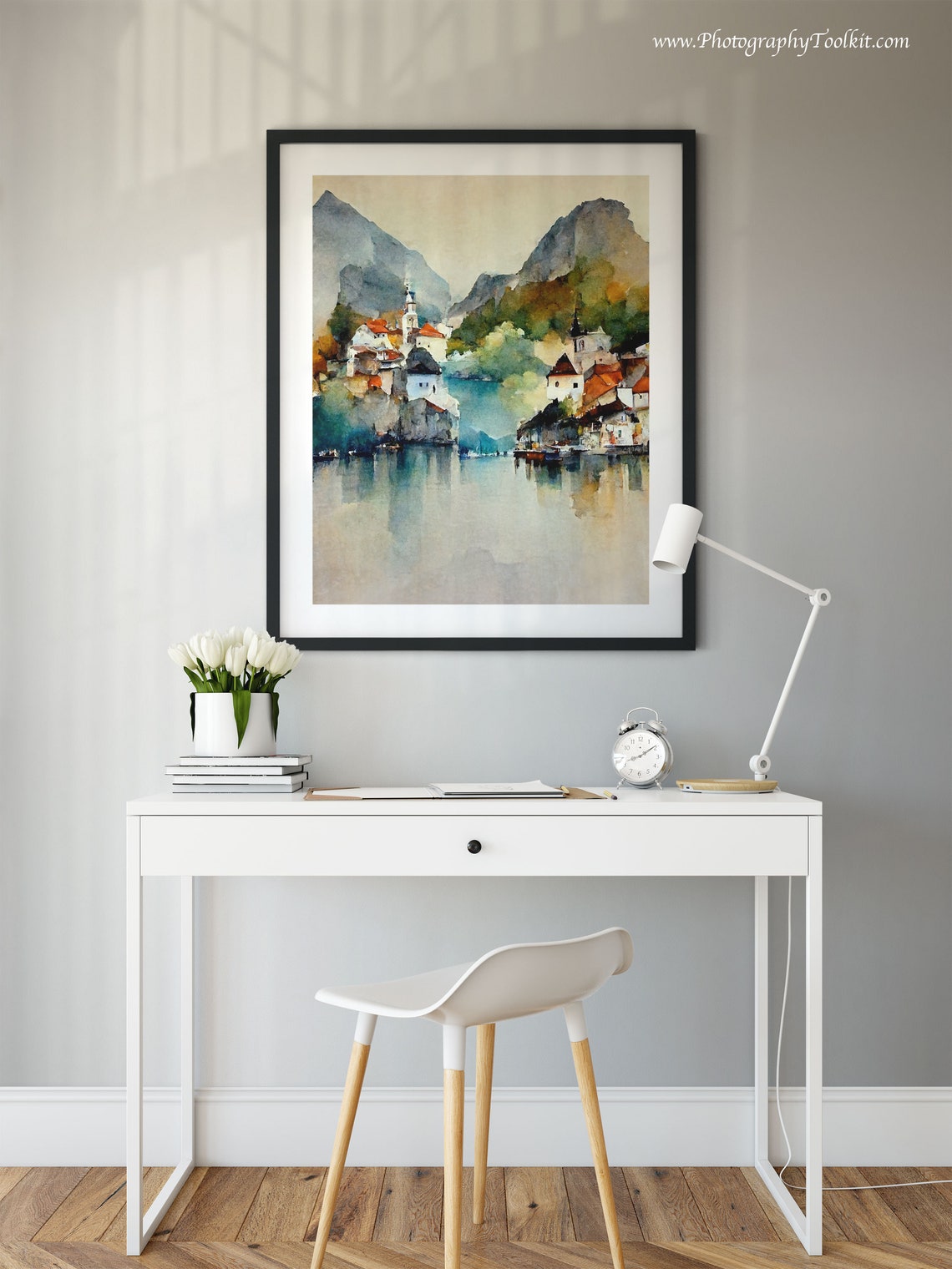 Hallstatt Austria Alpine Lake Reflection Watercolor Scenic Poster - Image 2