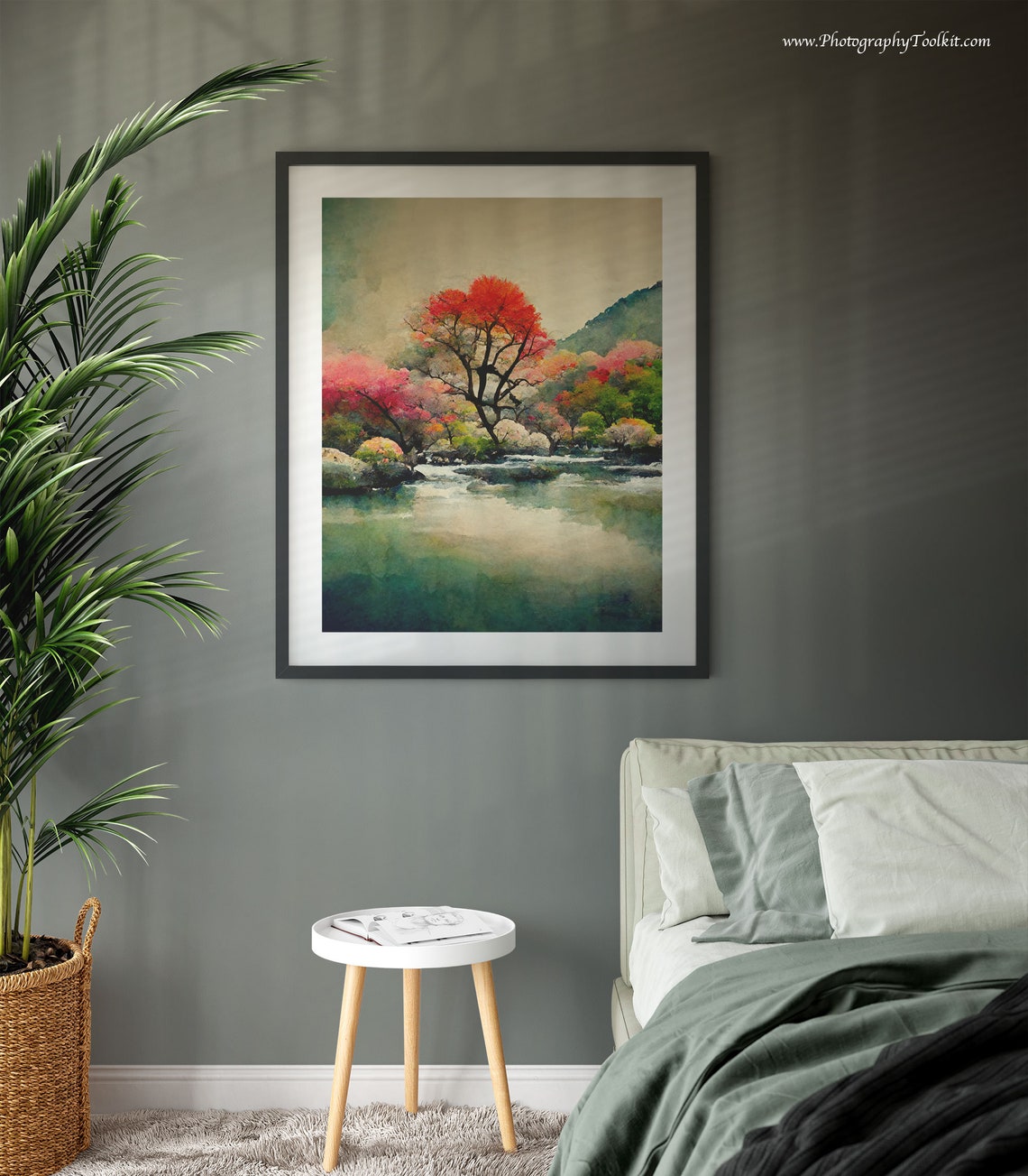 Japanese Autumn Maple River Mountain Watercolor Serene Travel Poster - Image 3
