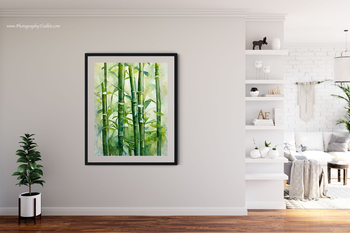 Green Bamboo Forest Watercolor Wall Art Tall Bamboo Stalks Zen Garden Decor - Image 3