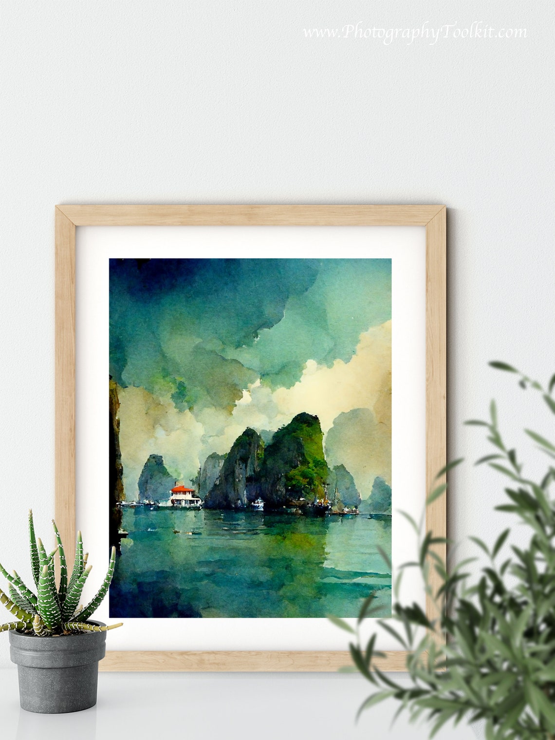 Ha Long Bay Vietnam Karst Cliffs Boats Teal Watercolor Poster - Image 5