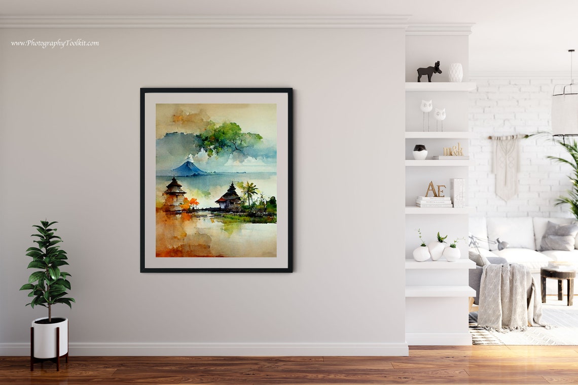 Balinese Water Temple Lakeside Watercolor Travel Landscape Poster - Image 4