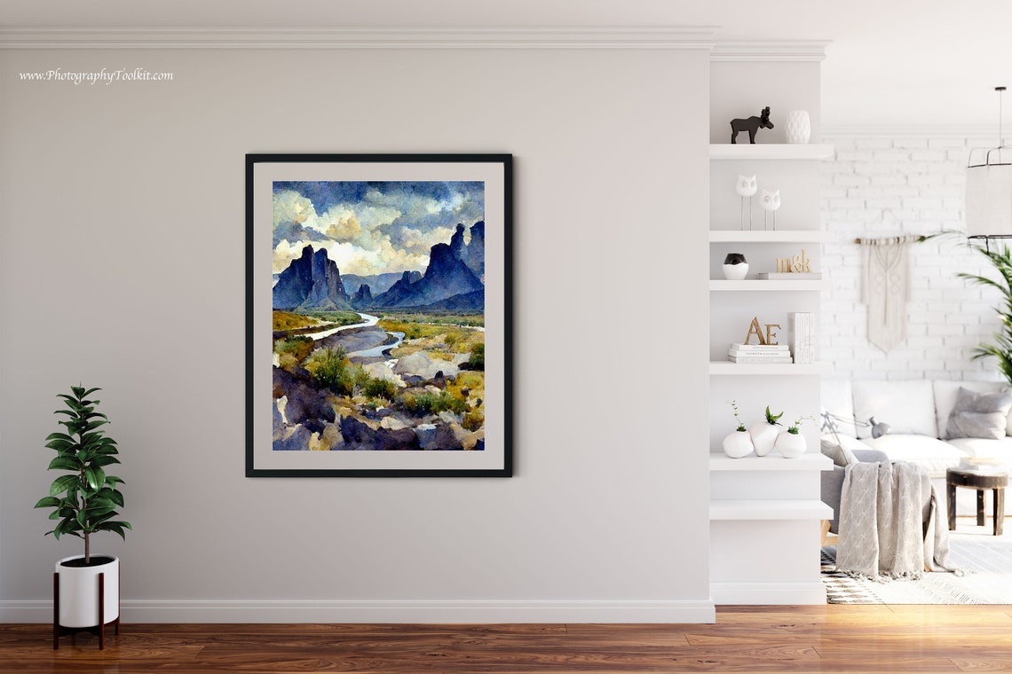 Desert Canyon River Watercolor Rocky Cliffs Dramatic Cloud Sky Poster - Image 4