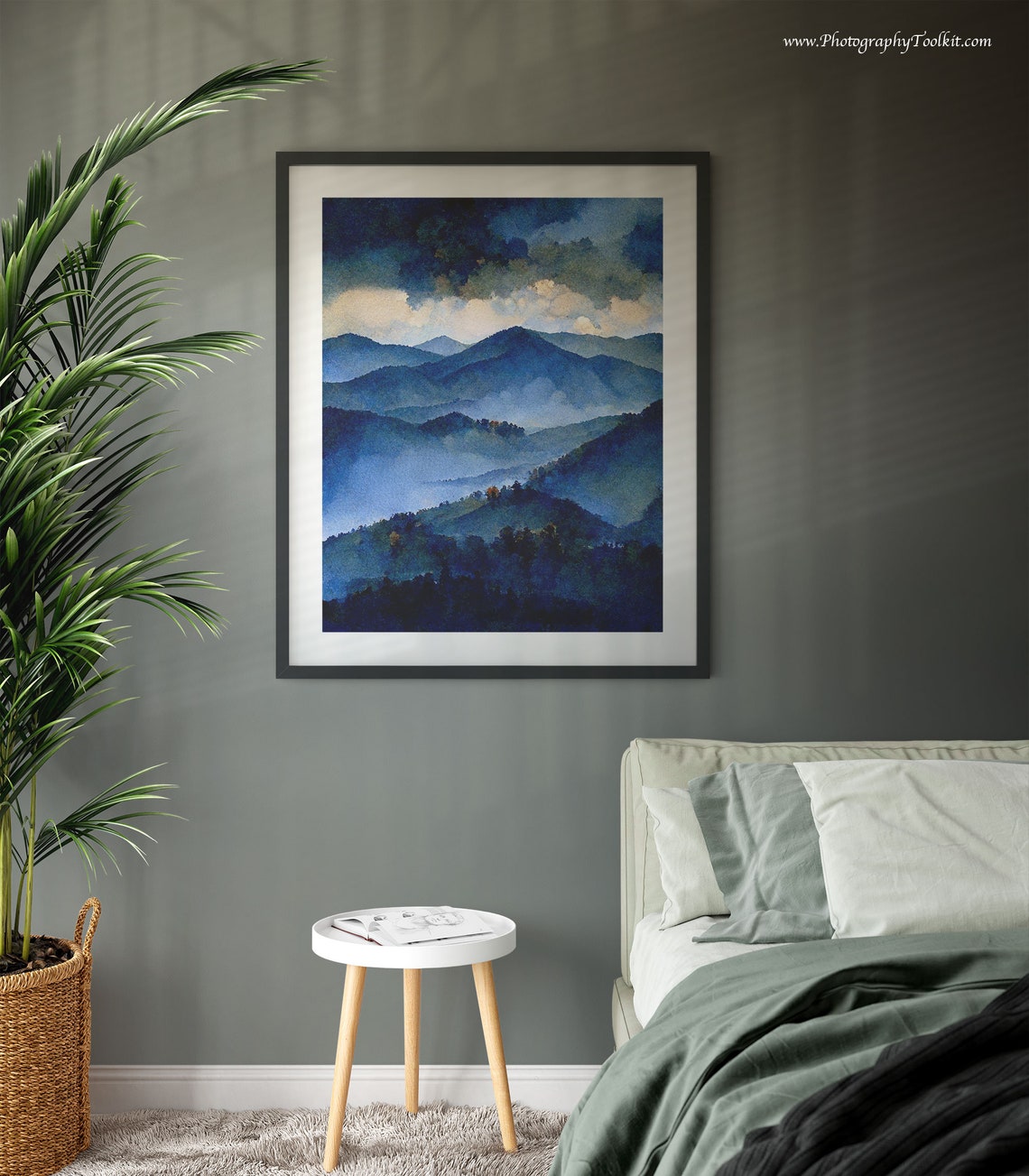 Misty Mountains Under Storm Clouds Watercolor Blue Peaks Moody Poster - Image 3