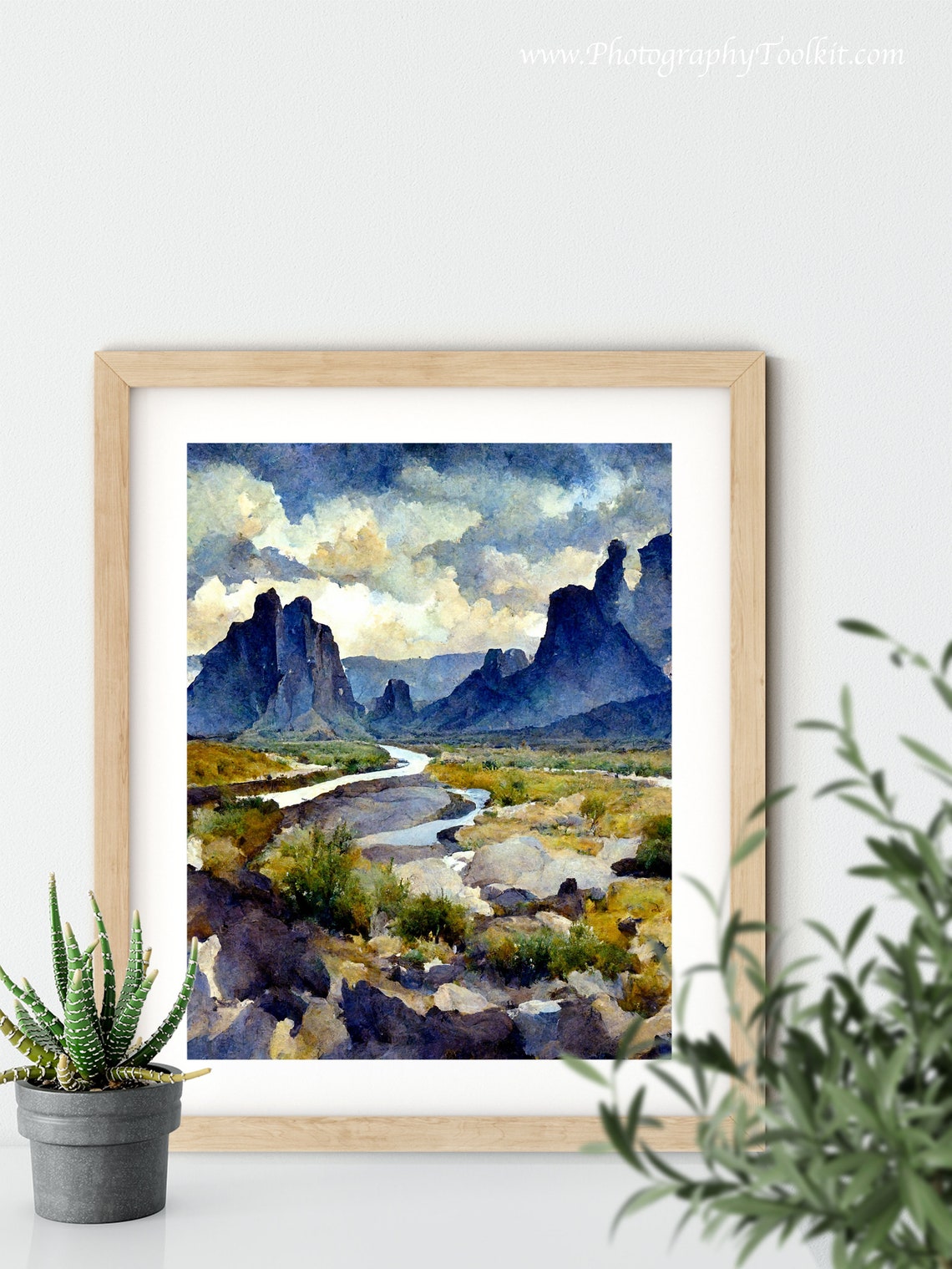 Desert Canyon River Watercolor Rocky Cliffs Dramatic Cloud Sky Poster - Image 5