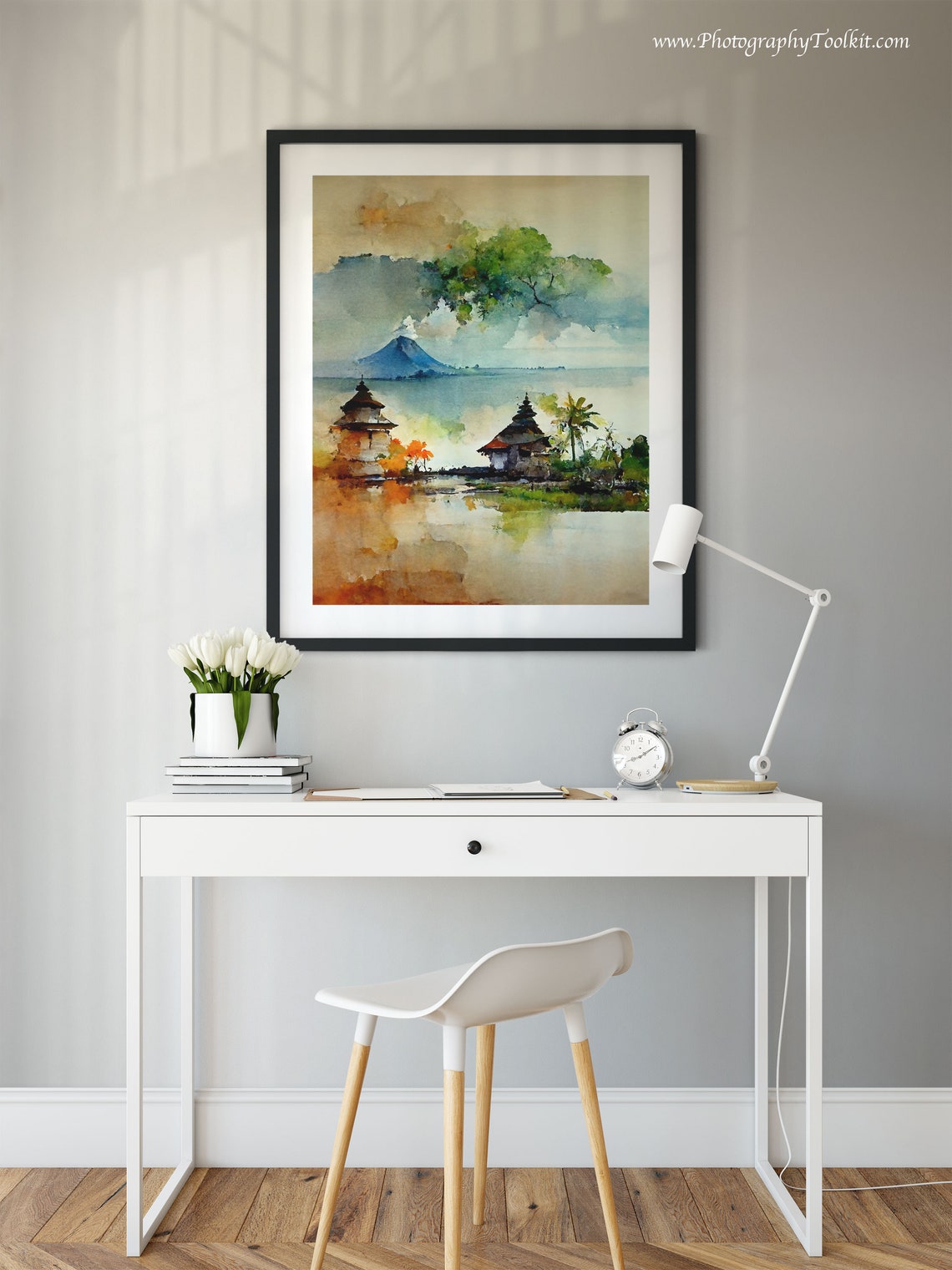 Balinese Water Temple Lakeside Watercolor Travel Landscape Poster - Image 2