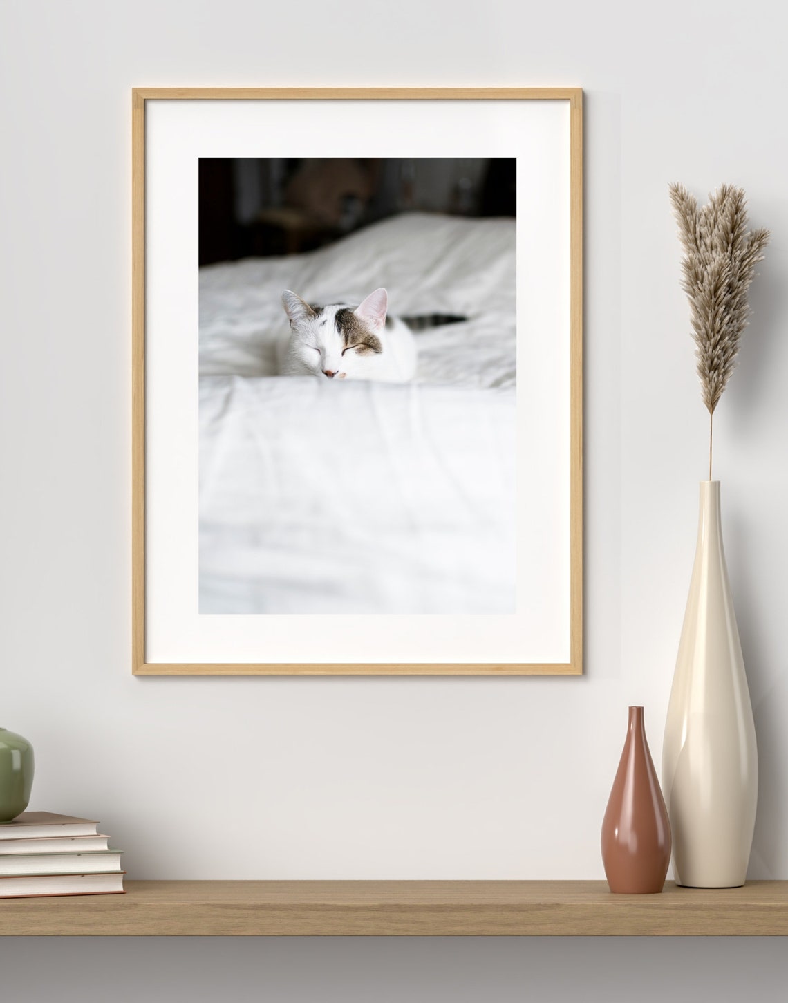 Sleeping White Tabby Cat Cozy White Bedding Pet Photo Poster - Image 2