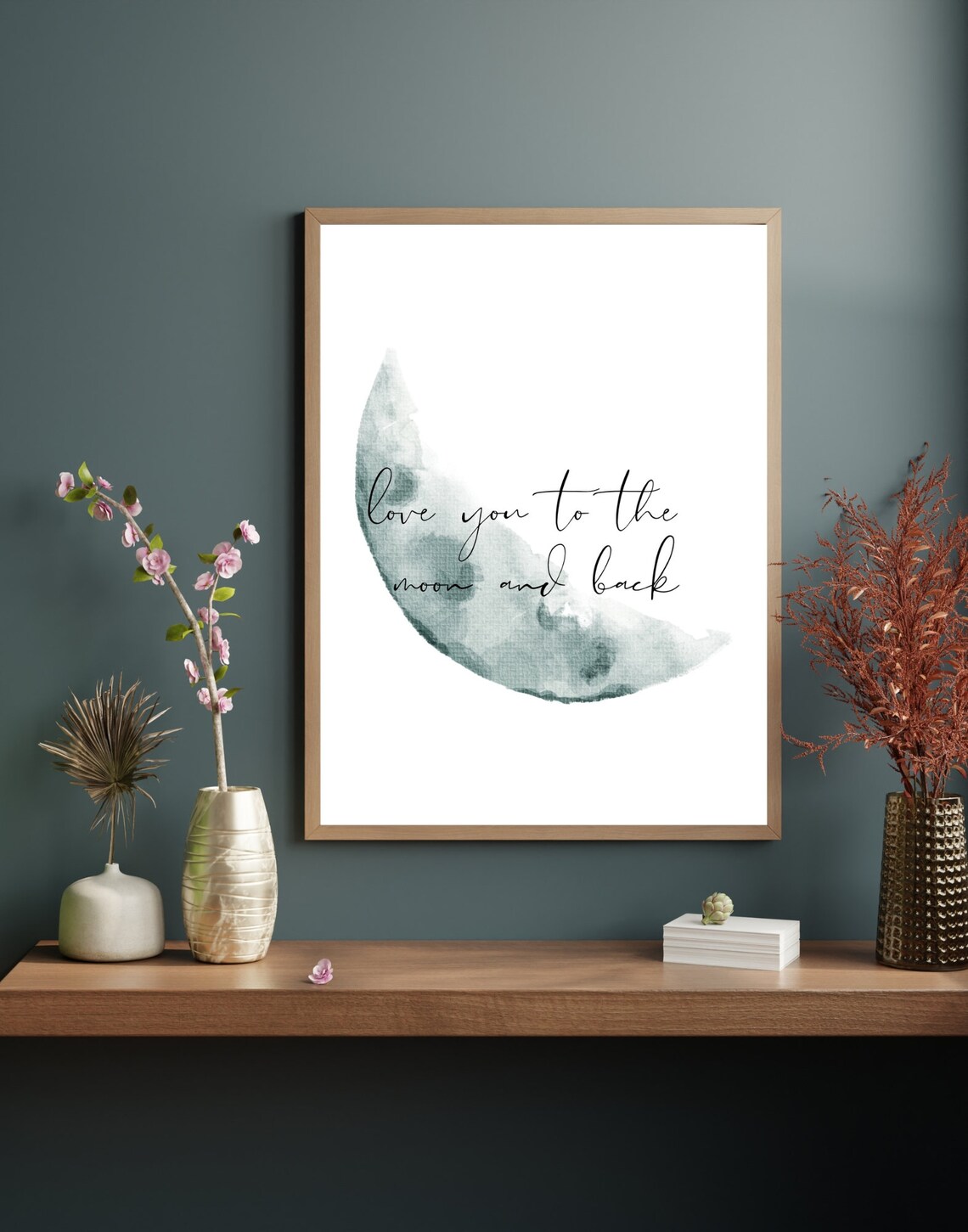 Love You To The Moon And Back Teal Crescent Watercolor Poster - Image 2