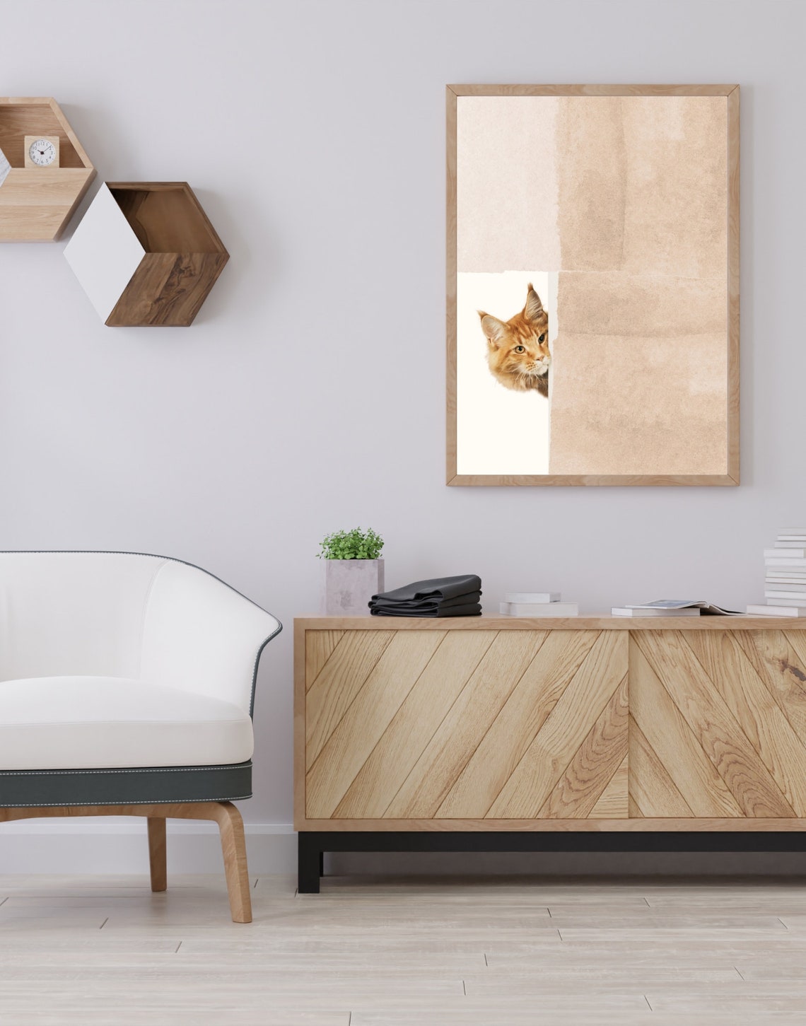 Ginger Cat Peeking From Behind Paper Funny Cute Cat Wall Art - Image 3
