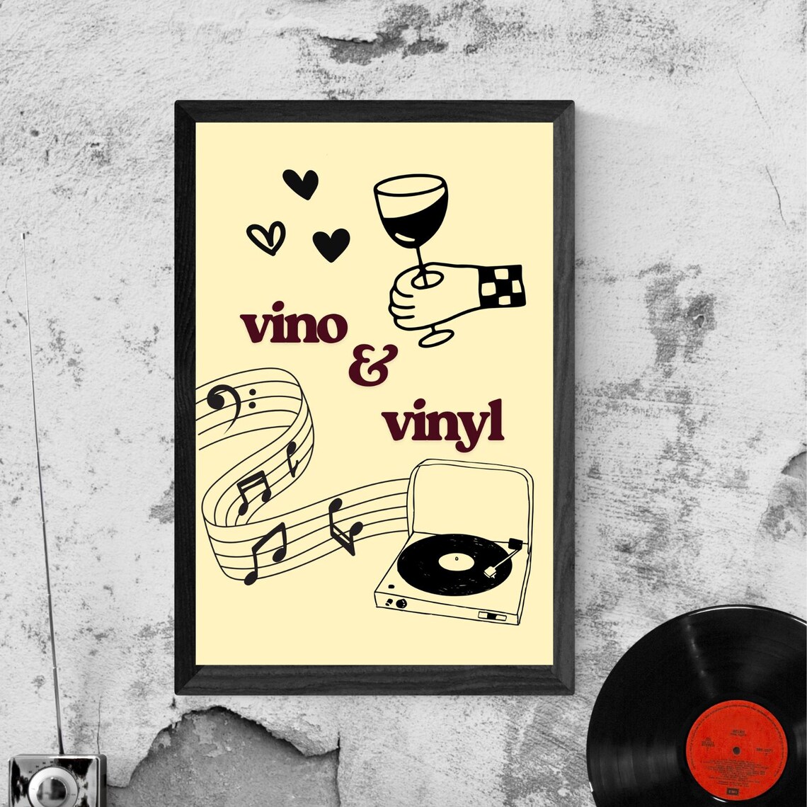Vino and Vinyl Wine Glass Record Player Retro Music Lover Poster