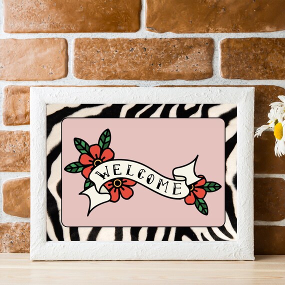 Welcome Tattoo Banner Red Flowers Pink Retro Home Entry Poster