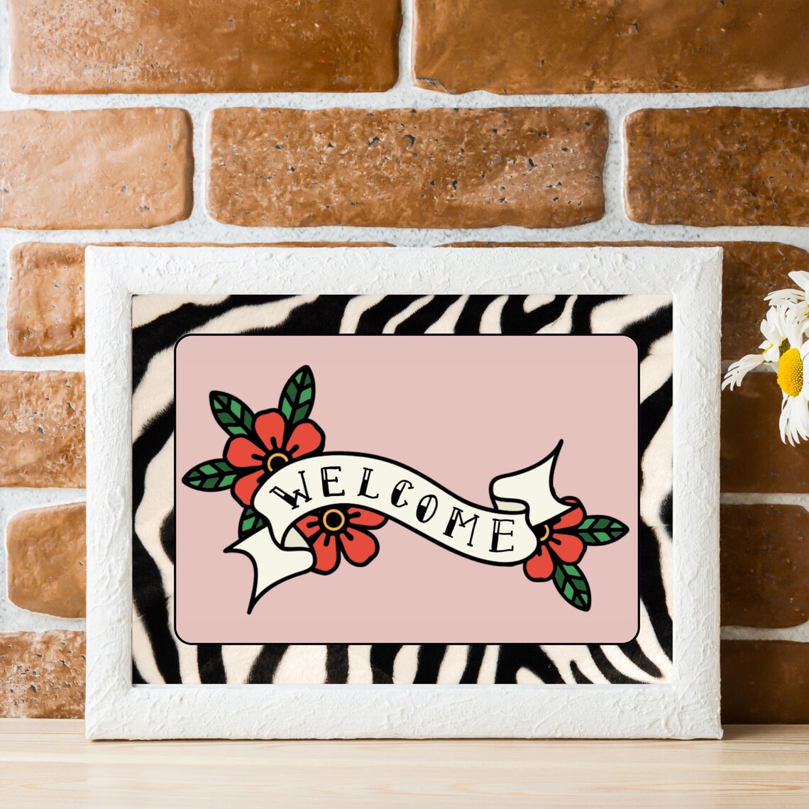 Welcome Tattoo Banner Red Flowers Pink Retro Home Entry Poster