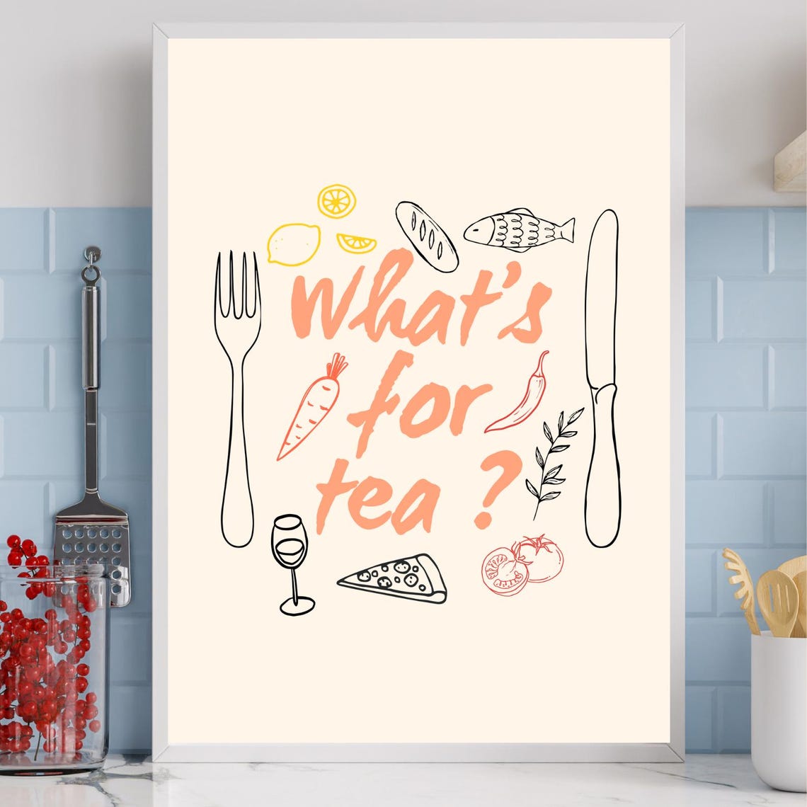 Whats For Tea Funny Kitchen Food Doodle Retro Dining Wall Poster