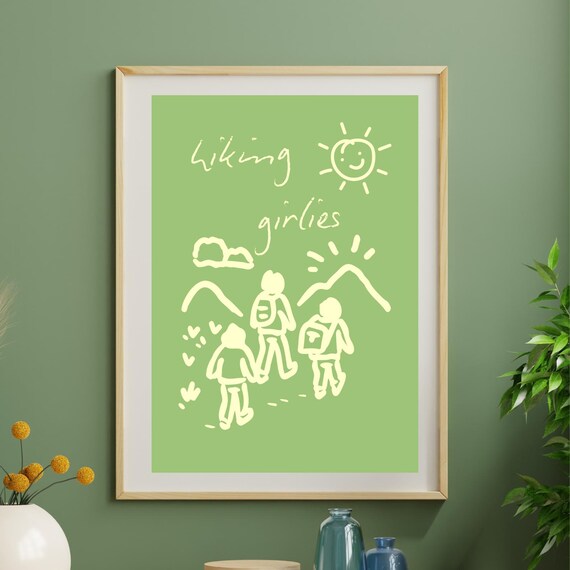 Hiking Girlies Doodle Poster Cute Outdoor Adventure Decor Gift