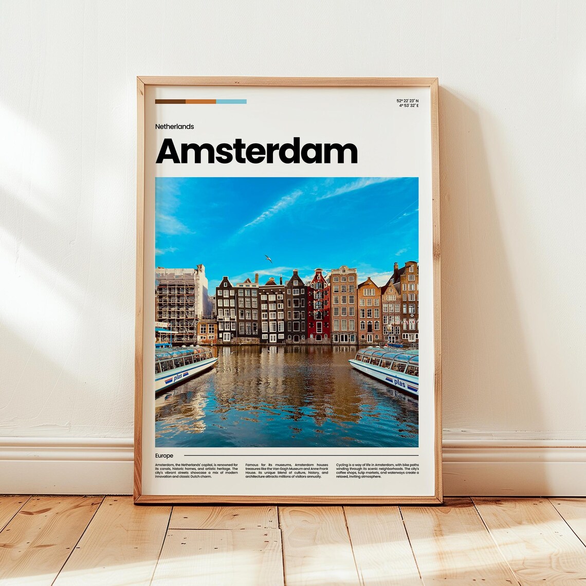 Amsterdam Canal Houses Tour Boats Reflection Photo Travel Poster