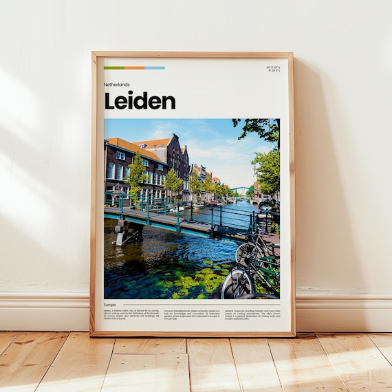 Leiden Netherlands Canal Bikes Historic Bridge Travel Poster