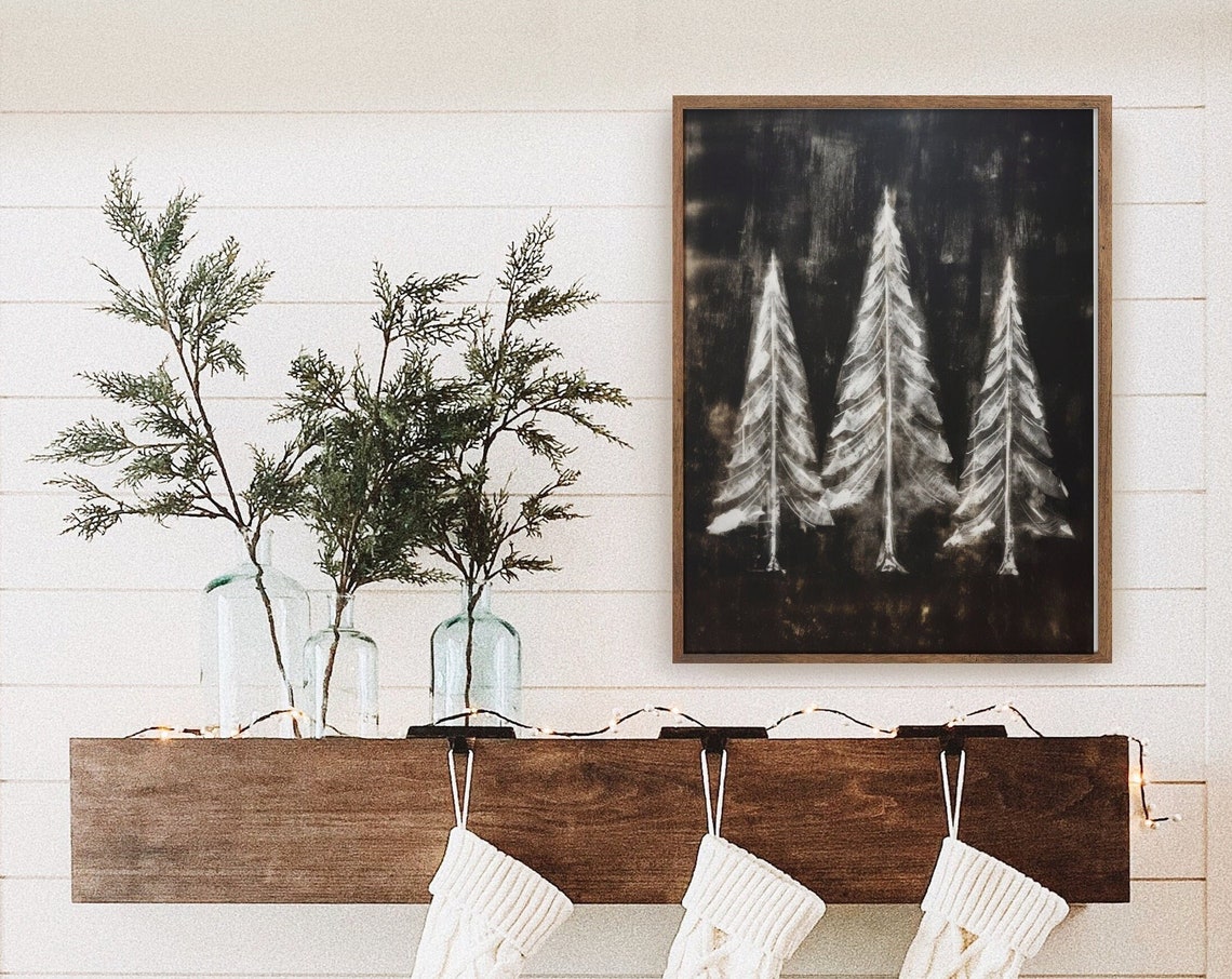 Black and White Snowy Pine Trees Moody Winter Night Wall Art - Image 4