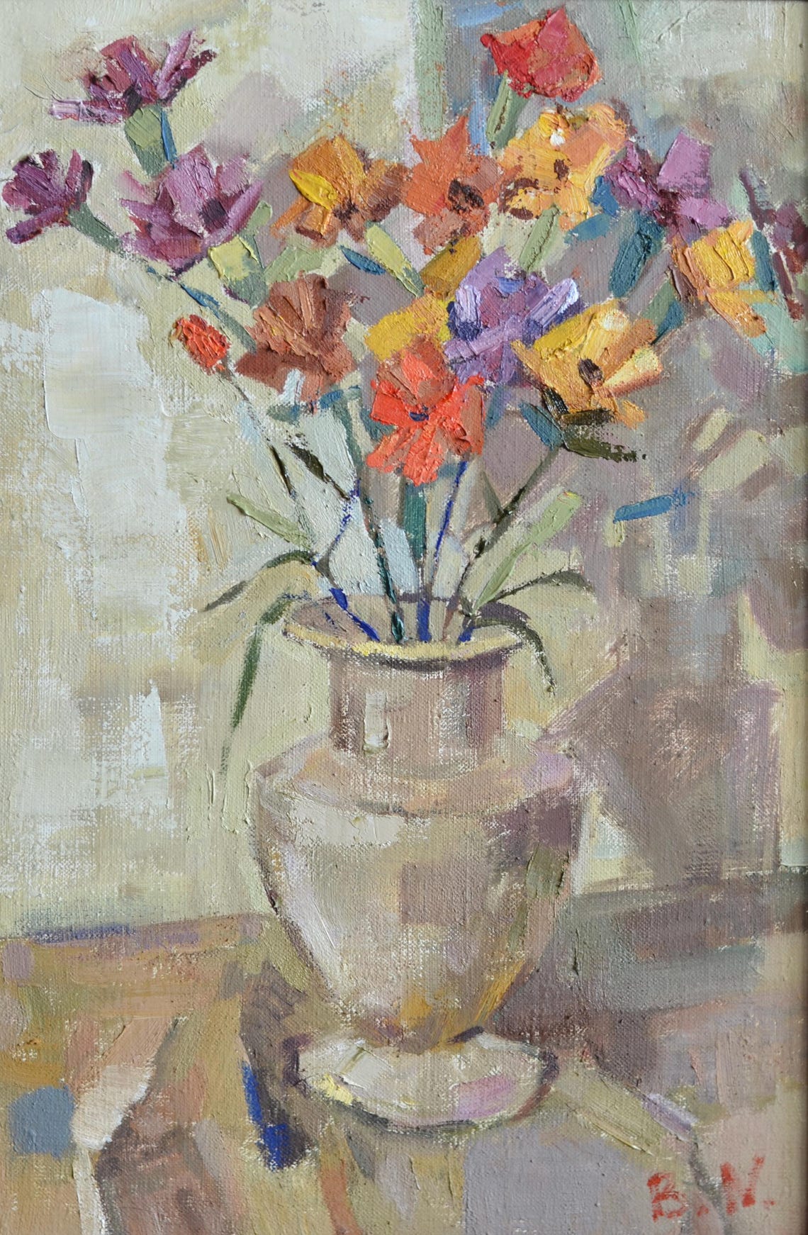 Original Floral Still Life Oil Painting On Canvas Colorful Bouquet Of Flowers In An Antique Vase On An Abstract Background One Of A Kind - Image 3