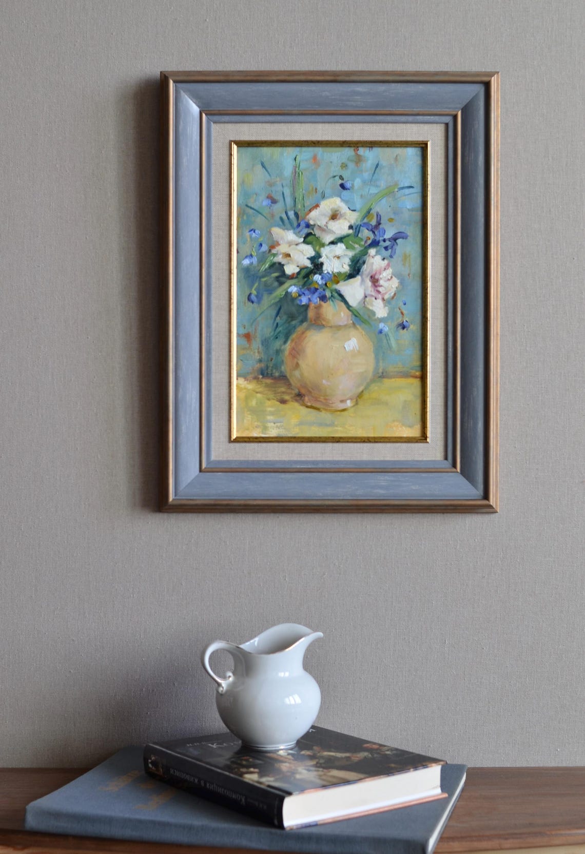 Original Floral Still Life Oil Painting Bright Bouquet Of White And Blue Flowers In A Vase Framed Wall Art European Fine Art One Of A Kind - Image 4