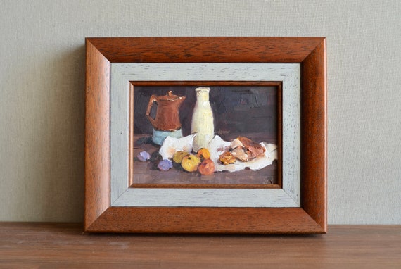 Original Kitchen Still Life Oil Painting Miniature Dark Still Life With Milk Fruit And Coffee Pot Vintage Old Master Style One Of A Kind