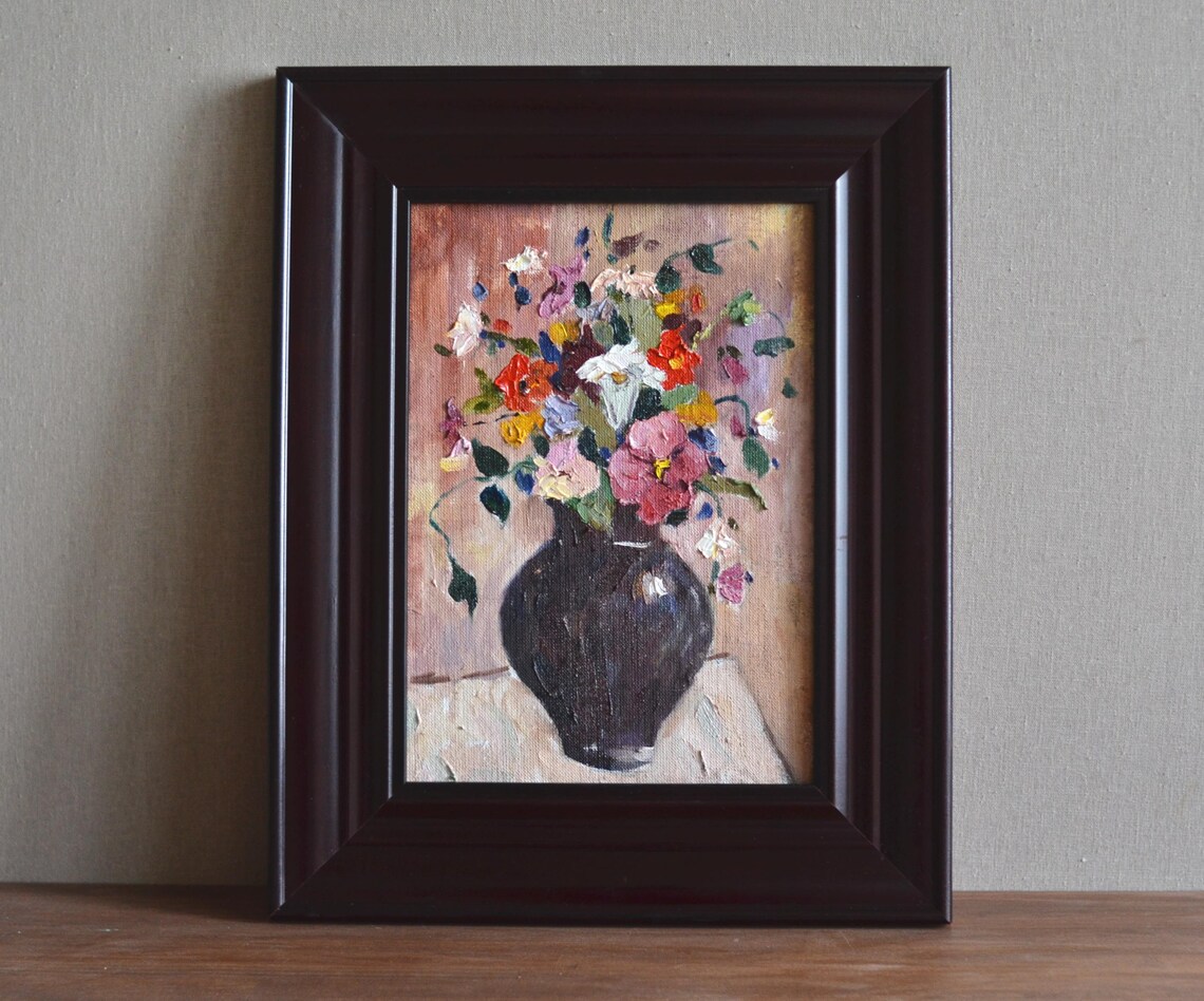 Original Floral Still Life Oil Painting Impressionistic Bouquet Of Wild Flowers In A Vintage Vase Framed Wall Art European Fine Art