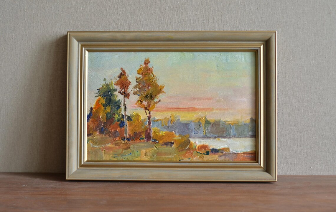 Original Framed Landscape Oil Painting Autumn Landscape With Trees And Forest Near The River Nature Scene European Fine Art One Of A Kind - Image 3