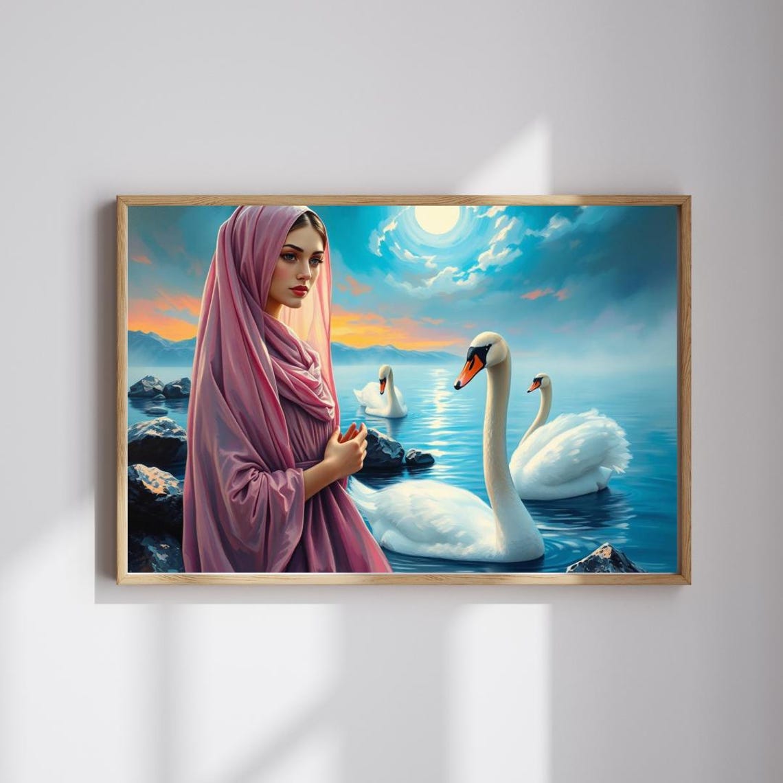 Veiled Woman with White Swans Moonlit Lake Romantic Art Print
