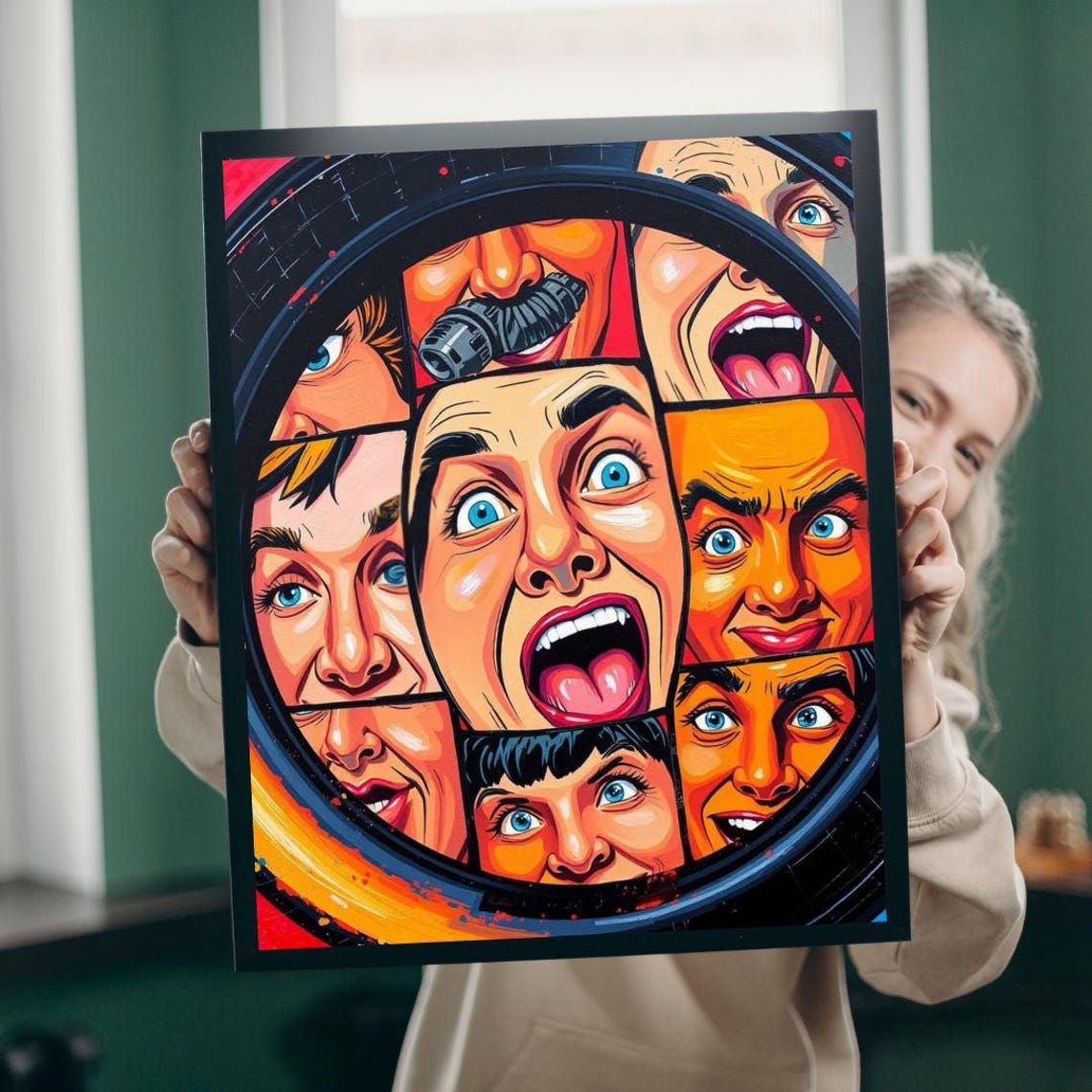 Pop Art Funny Faces Collage Bold Comic Expression Retro Wall Poster