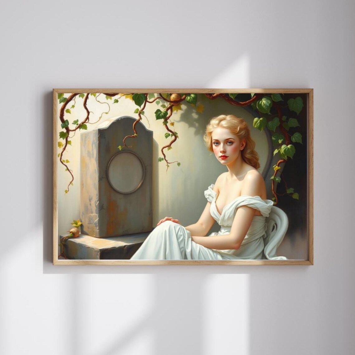 Woman in White Beside Ivy Covered Stone Shrine Portrait Poster