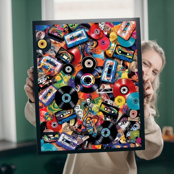 Retro Vinyl Records and Cassette Tapes Colorful Music Collage Poster