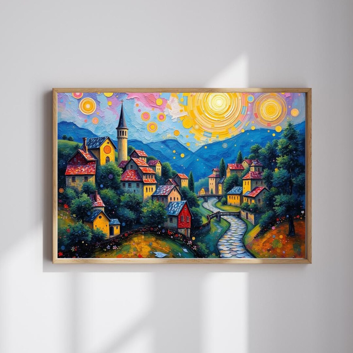 Colorful Hillside Village Cobblestone Road Vibrant Landscape Wall Art
