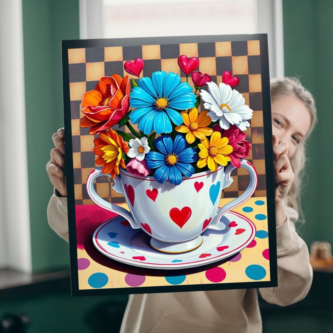Vibrant Pop Art Floral Teacup Hearts Colorful Bouquet Art Print