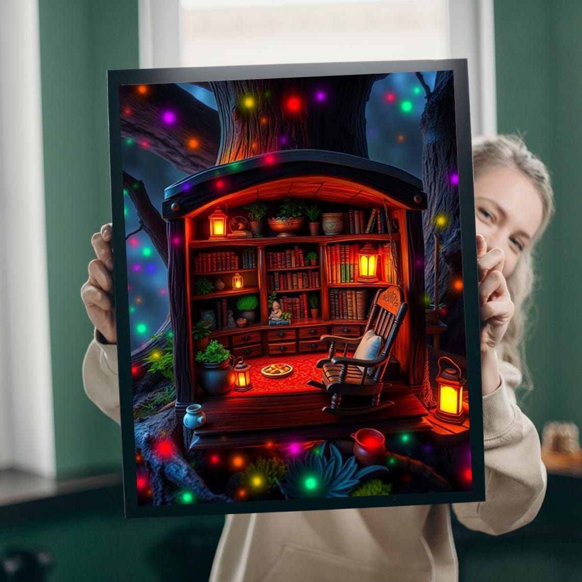 Enchanted Tree Trunk Gnome Library Lanterns Magical Fantasy Art Print