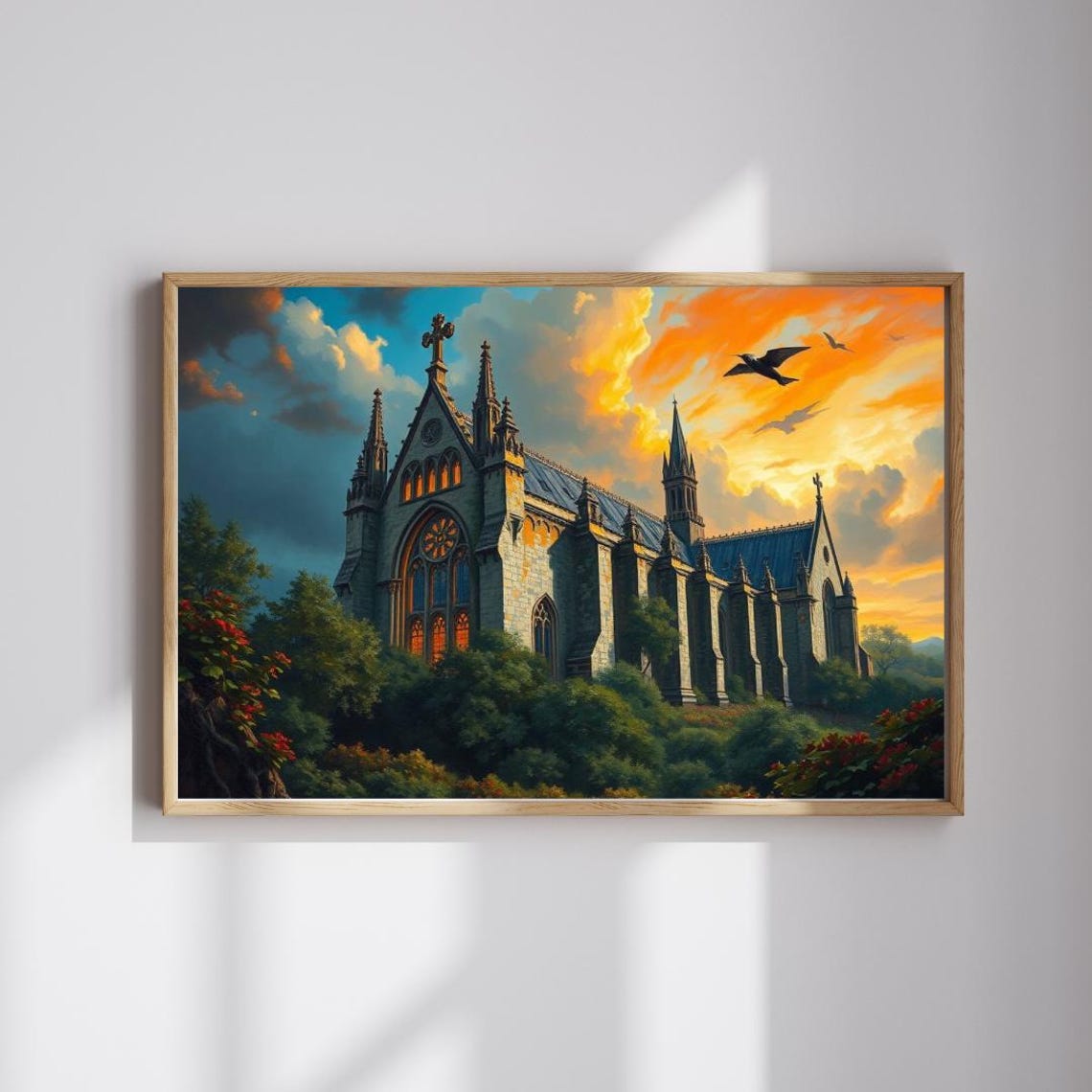 Gothic Abbey Cathedral Sunset Ravens Dramatic Sky Art Poster