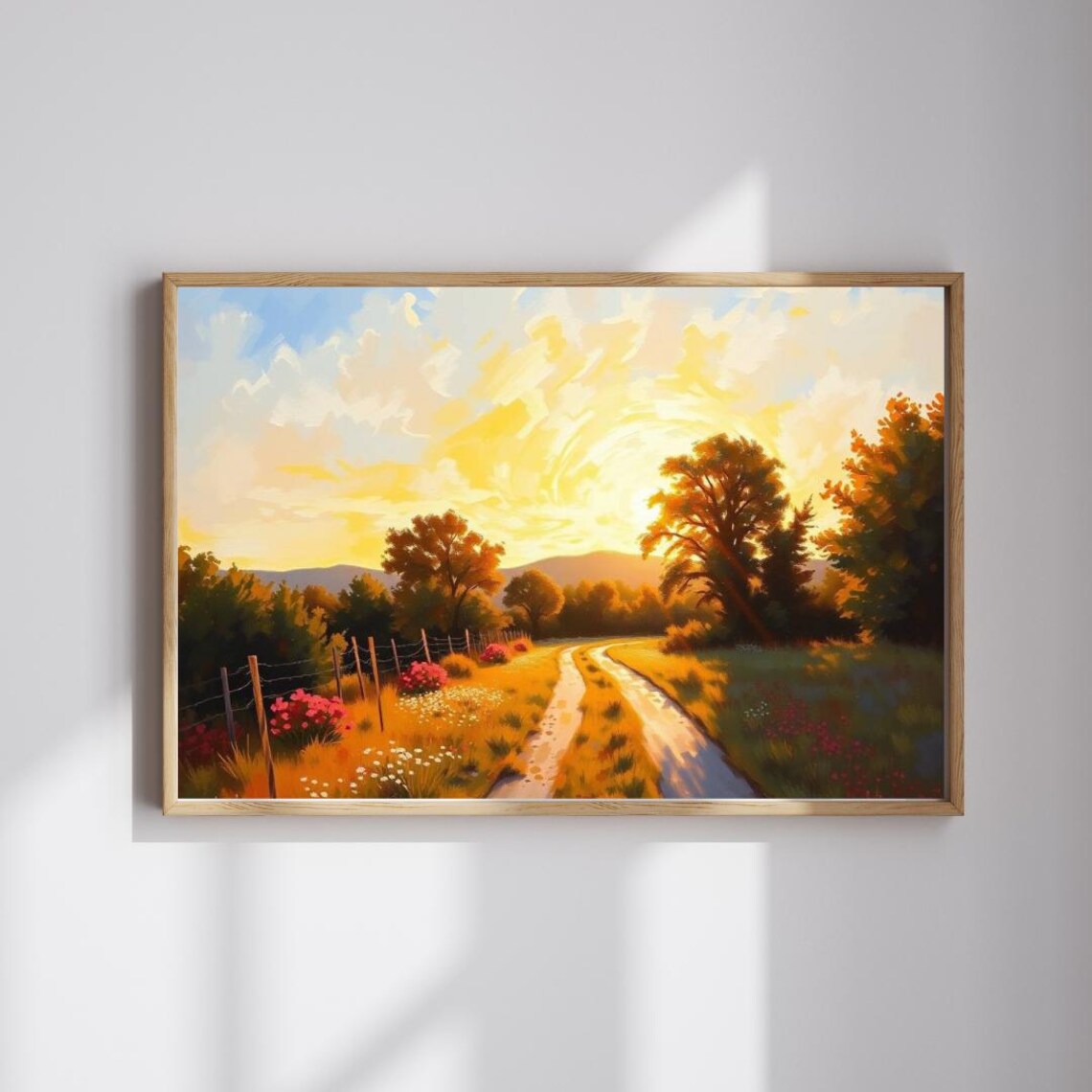 Golden Countryside Sunset Road Wildflowers Rural Piece Poster
